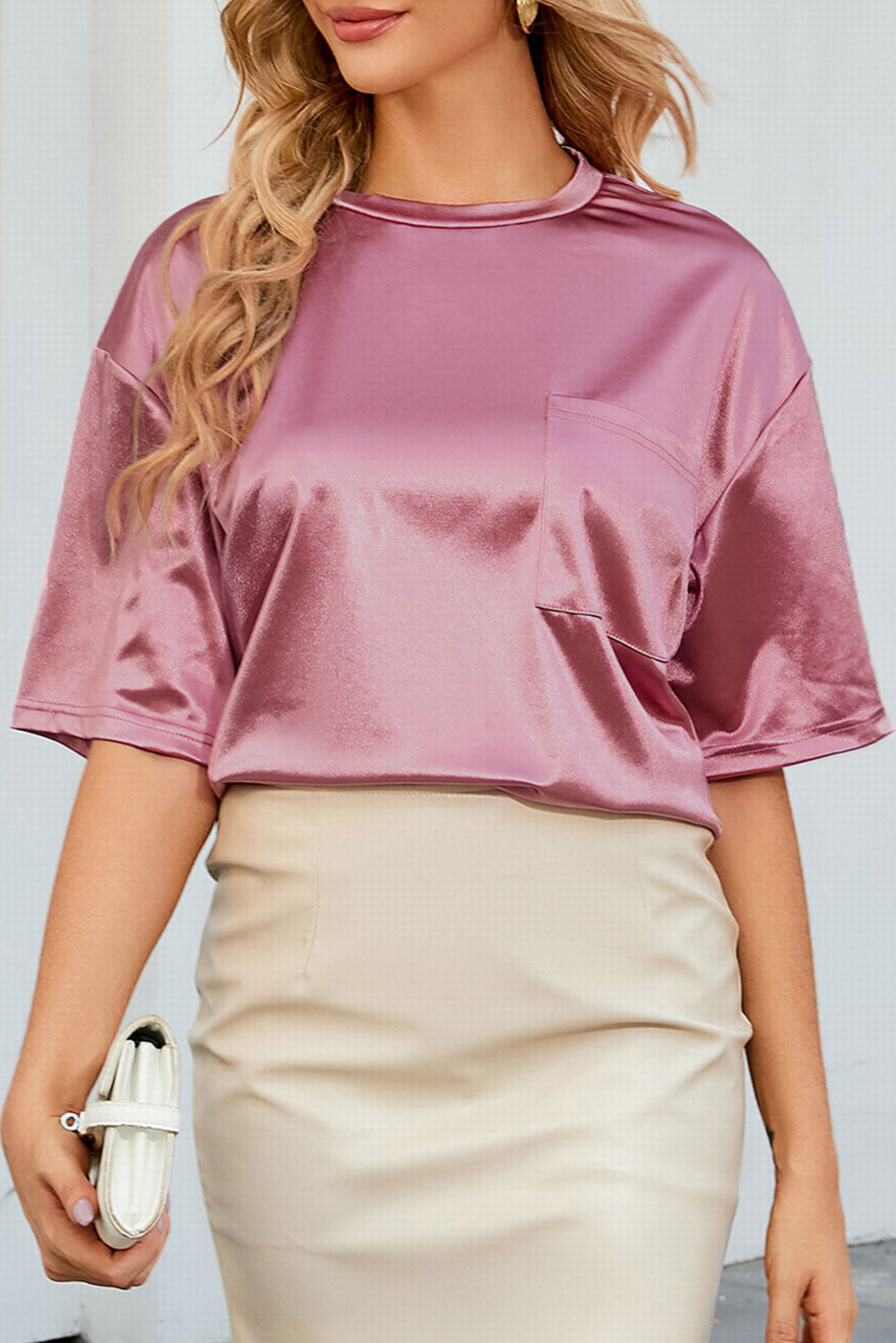 Women's Pink Chest Pocket Loose Fit T Shirt