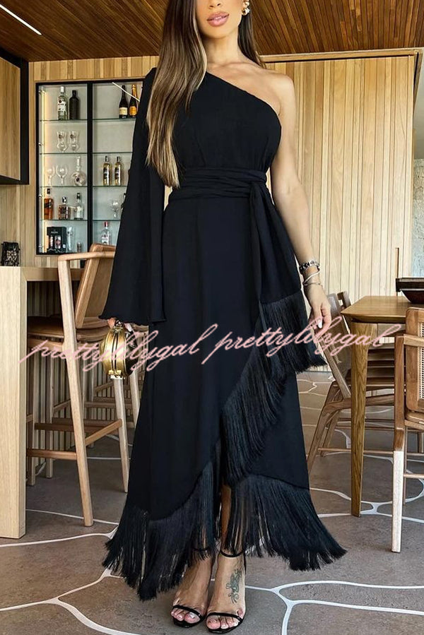 Solid Color One-sleeve Waisted Lace-up Fringed Hem Elegant Maxi Dress