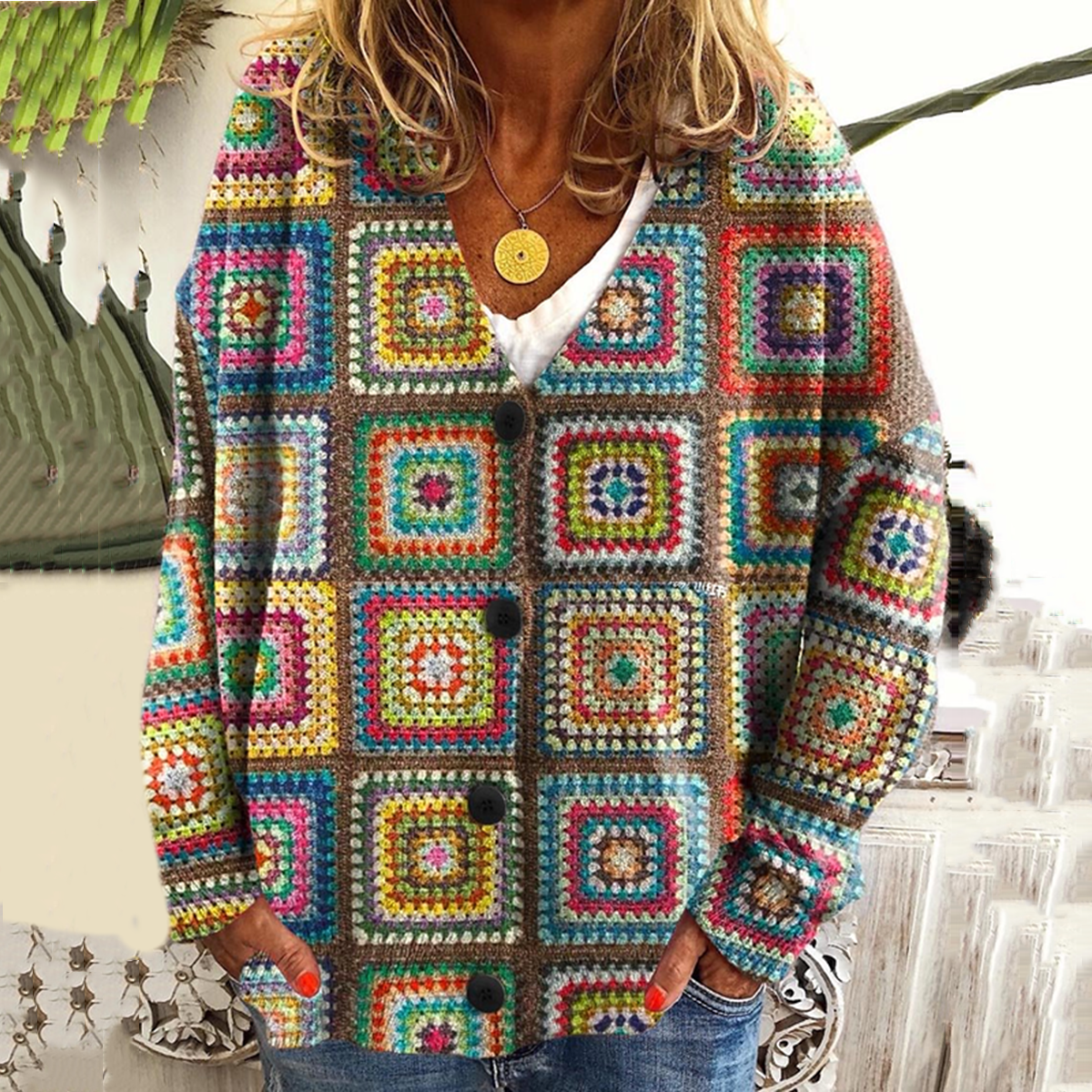 Rainbow Abstract Geometric Patchwork Art Pattern Cozy Knit Hooded Cardigan