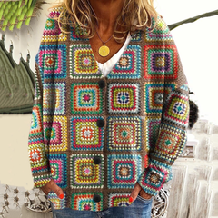 Rainbow Abstract Geometric Patchwork Art Pattern Cozy Knit Hooded Cardigan