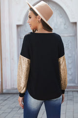 Women's Fashion Black Sequin Splicing Black V Neck Bishop Sleeves Top