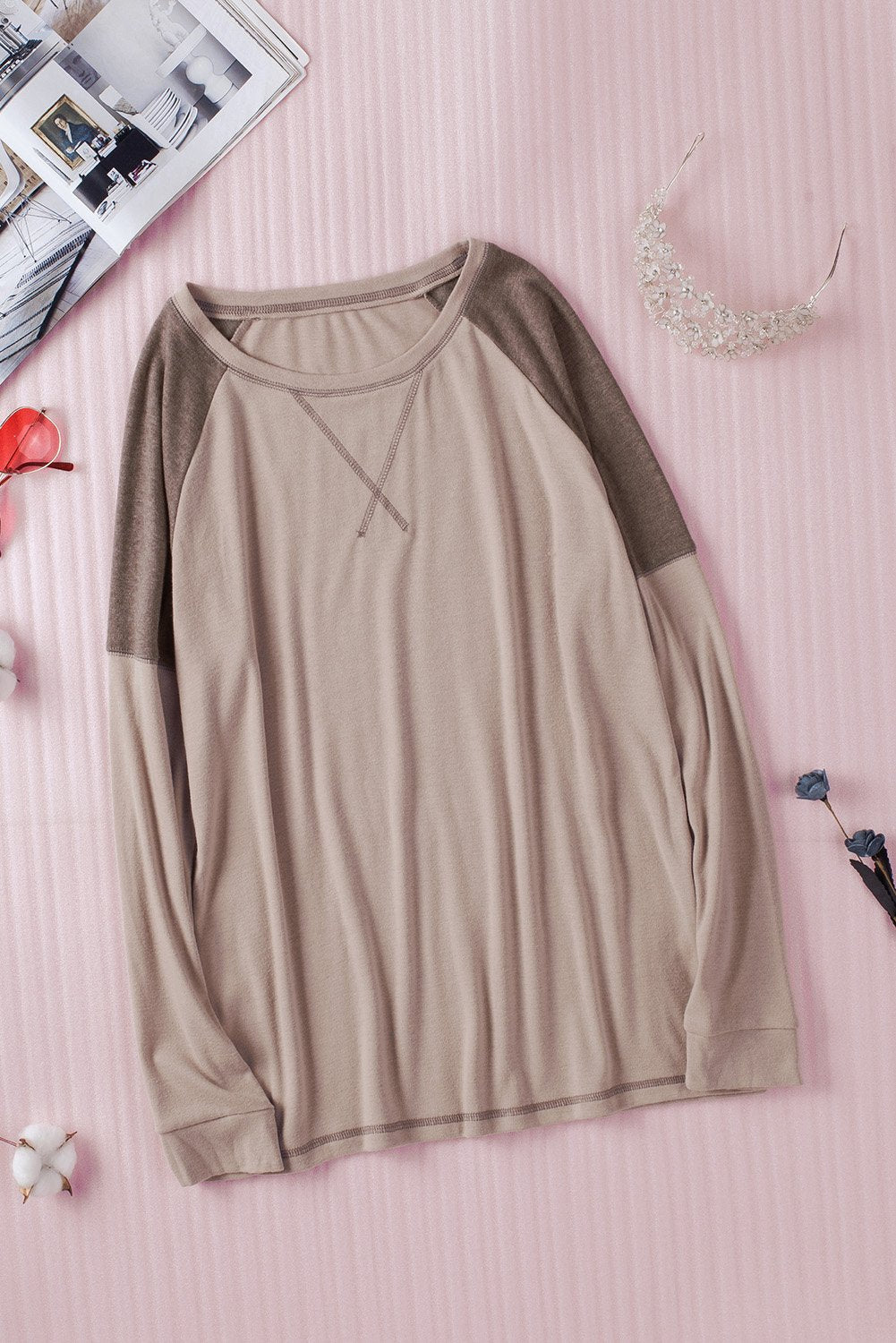 Women's Casual Khaki Color Block Raglan Long Sleeve Top