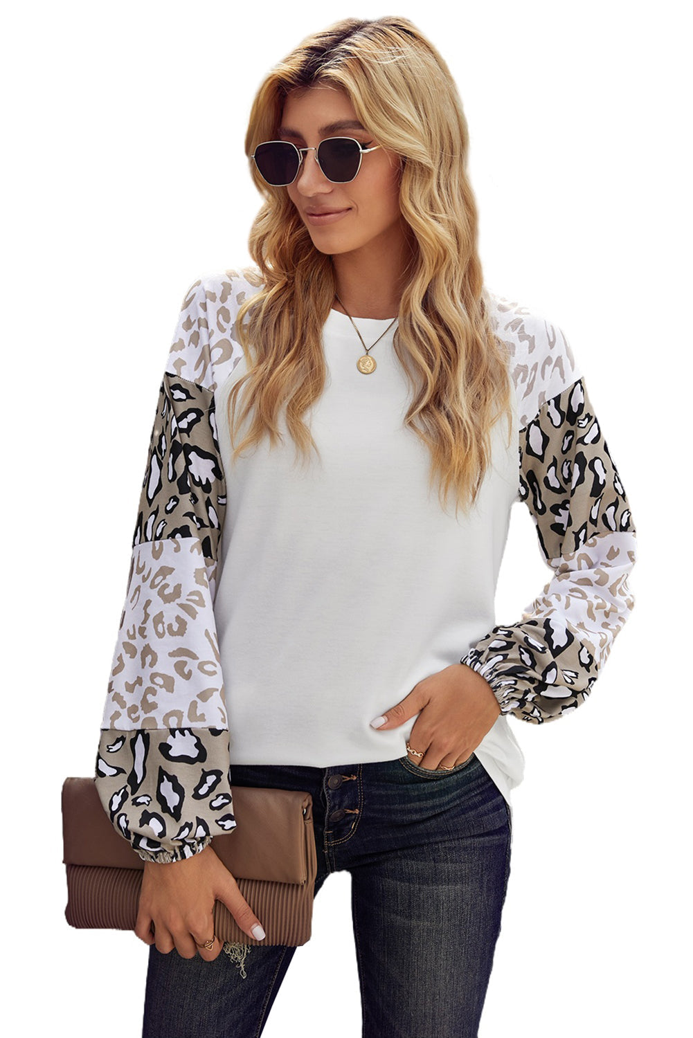 Women's Women Beige Leopard Print Bubble Sleeve Top