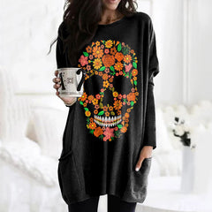 Casual Tagetes Erecta Skull Print Tunic