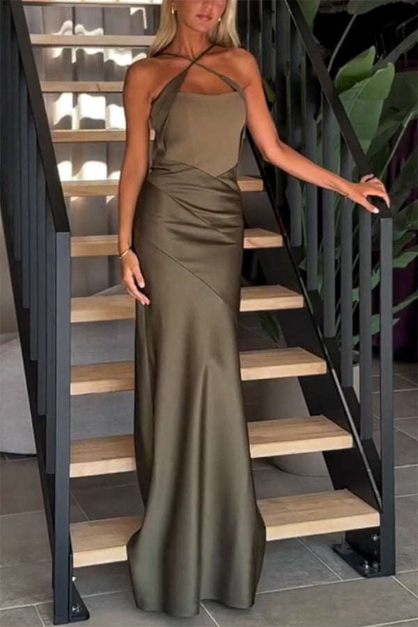 Dreya Satin Patchwork Cross Shoulder Straps Gown Maxi Dress