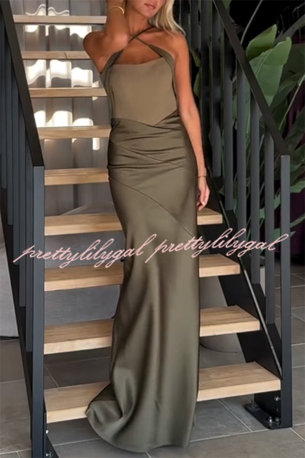 Dreya Satin Patchwork Cross Shoulder Straps Gown Maxi Dress