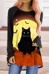 Crew Neck Halloween Cat Pumpkin Tunic