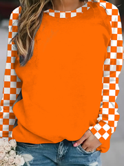 Orange Plaid Round Neck Casual Tops