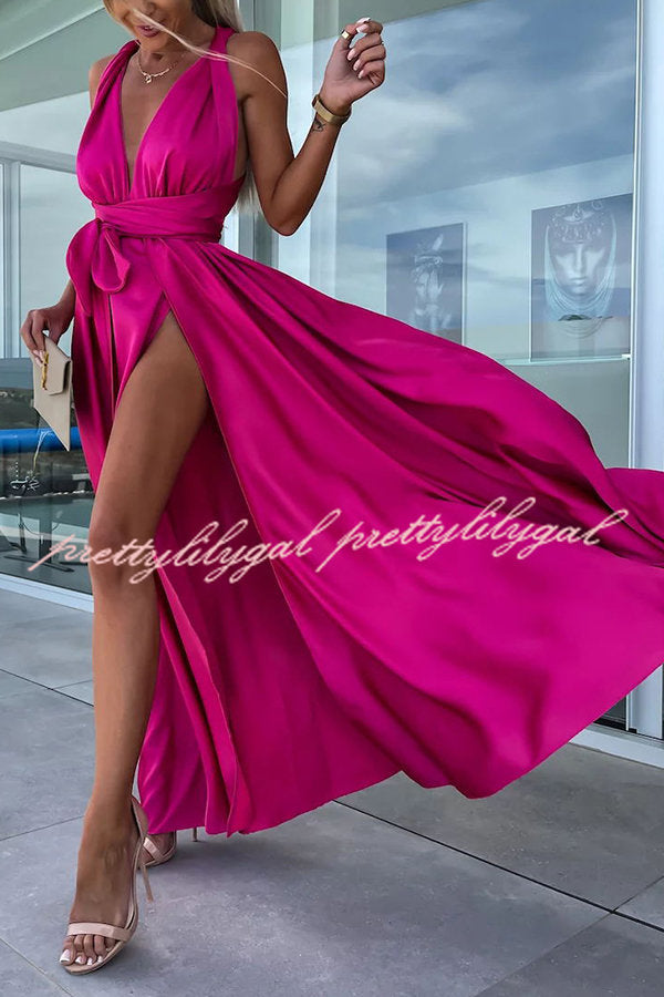Different Elegant Effects Satin Free Tie Neck Slit Maxi Dress