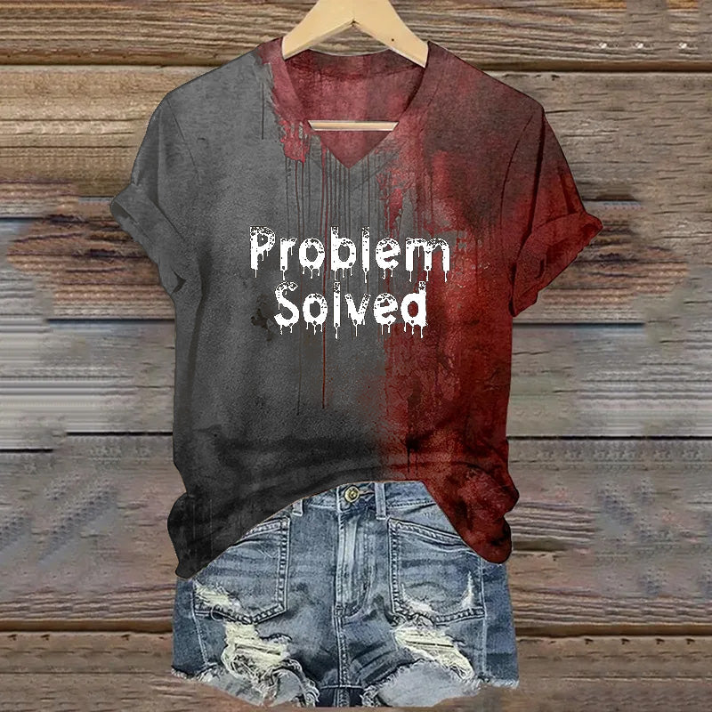 Women's Bloody Problem Solved Halloween Print V-Neck T-Shirt