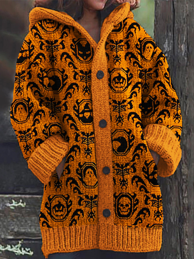 Halloween Elements Gothic Pattern Cozy Knit Hooded Cardigan