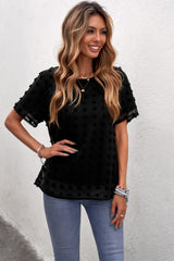 Women's Casual Black Swiss Dot Texture Short Sleeve Top