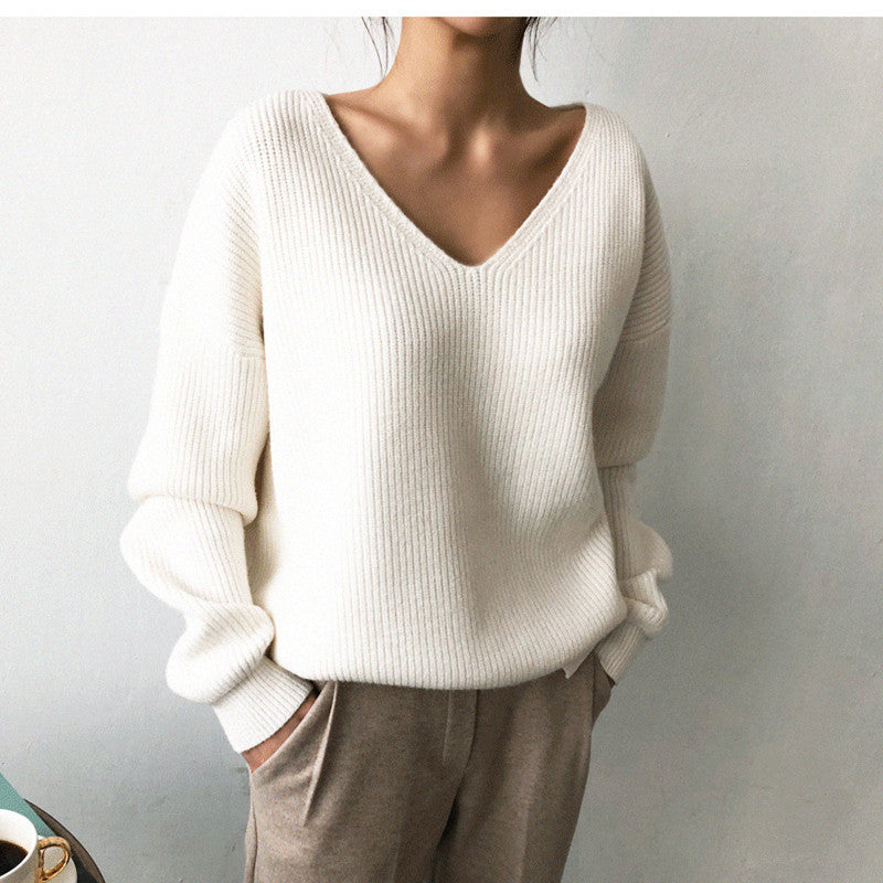 V-Neck Simple Irregular Pullover Sweater