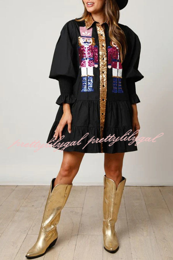 Nutcracker Sequined Button Down Long Sleeve Mini Dress