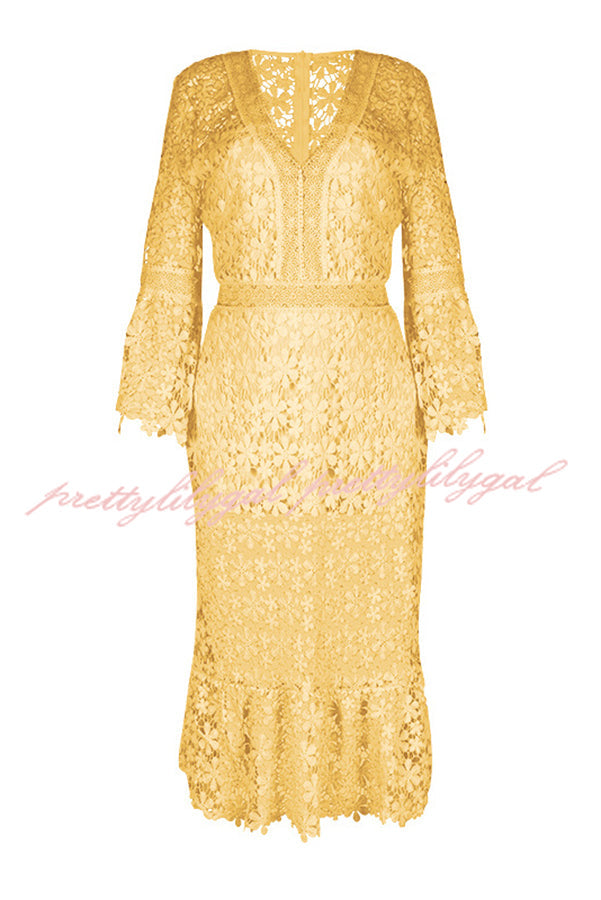 For The Love of Lace Flower Pattern Patchwork Bell Sleeve Midi Dress