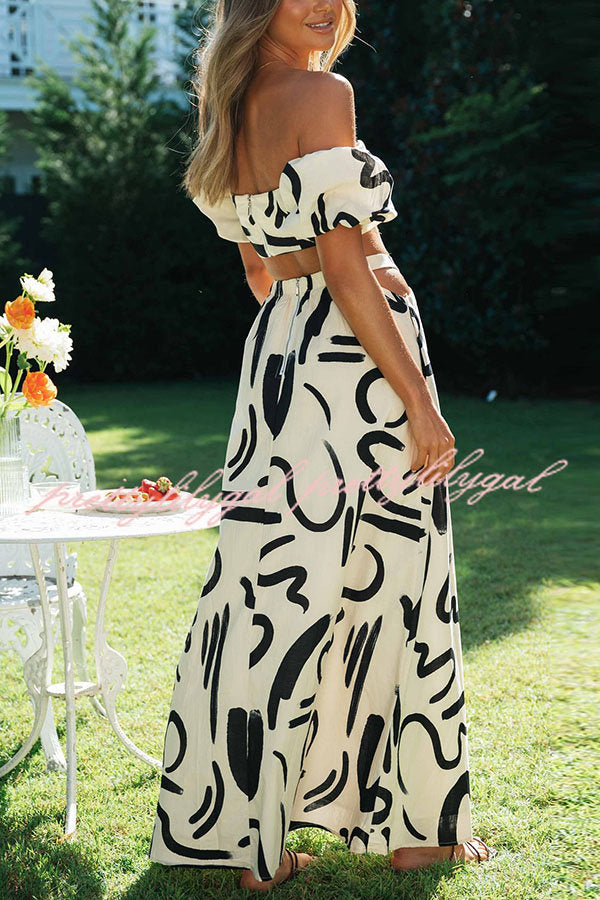 Allegra Doodle Printed Off Shoulder Crop Top and Pocketed Cutout Maxi Skirt Set