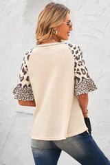 Women's Mixed Leopard Ruffle Sleeve Waffle V Neck Knit Top