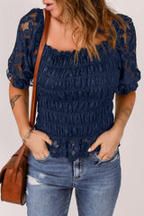 Women's Chic Blue Lace Ruffled Shirred Top