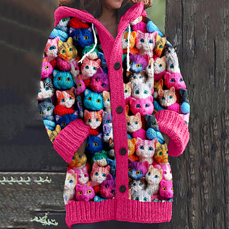 Cat Art Print Knitted Hooded Cardigan