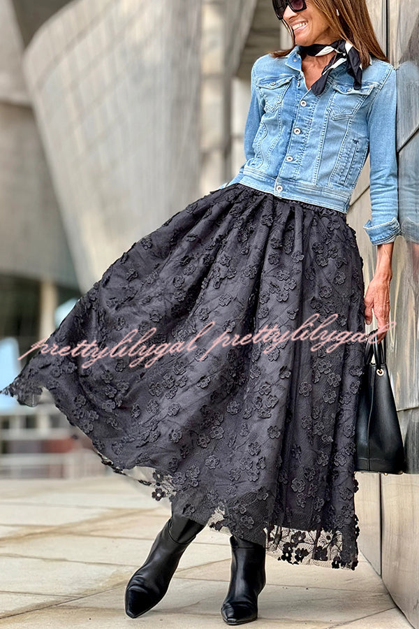 Timeless Luxury Tulle 3D Embroidered Flowers Elastic Waist Large Hem Midi Skirt