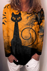 Cat Print Crew Neck Long Sleeve T-Shirt
