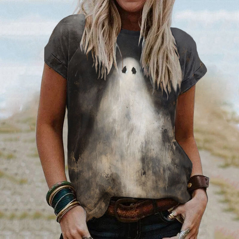 Halloween Ghost Print Crew Neck Short Sleeved T-Shirt