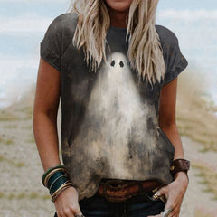 Halloween Ghost Print Crew Neck Short Sleeved T-Shirt