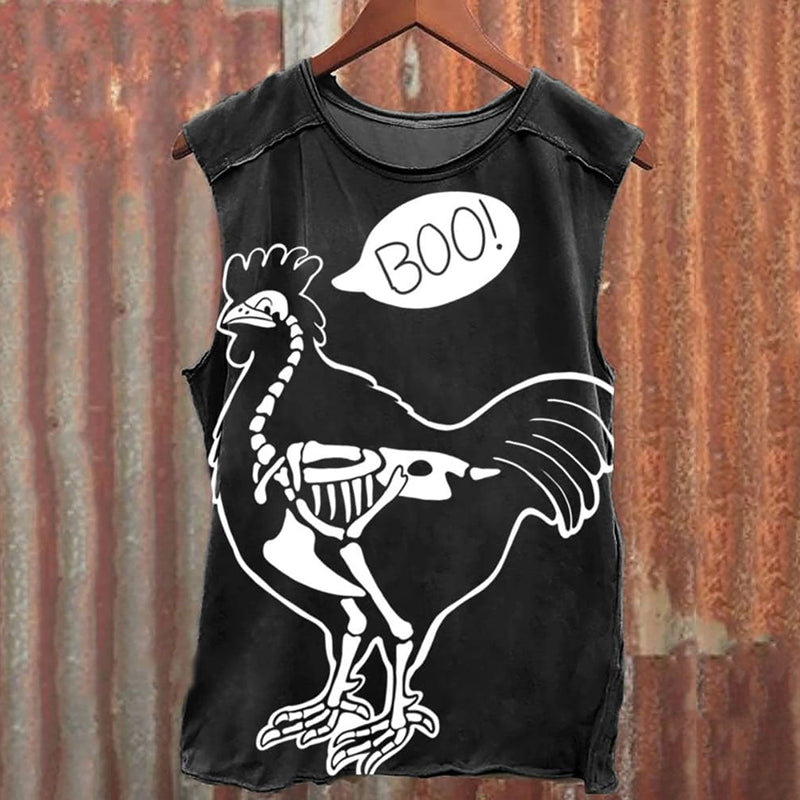 Unisex Vintage Funny Halloween BOO Chicken Skeleton Print Tank Top