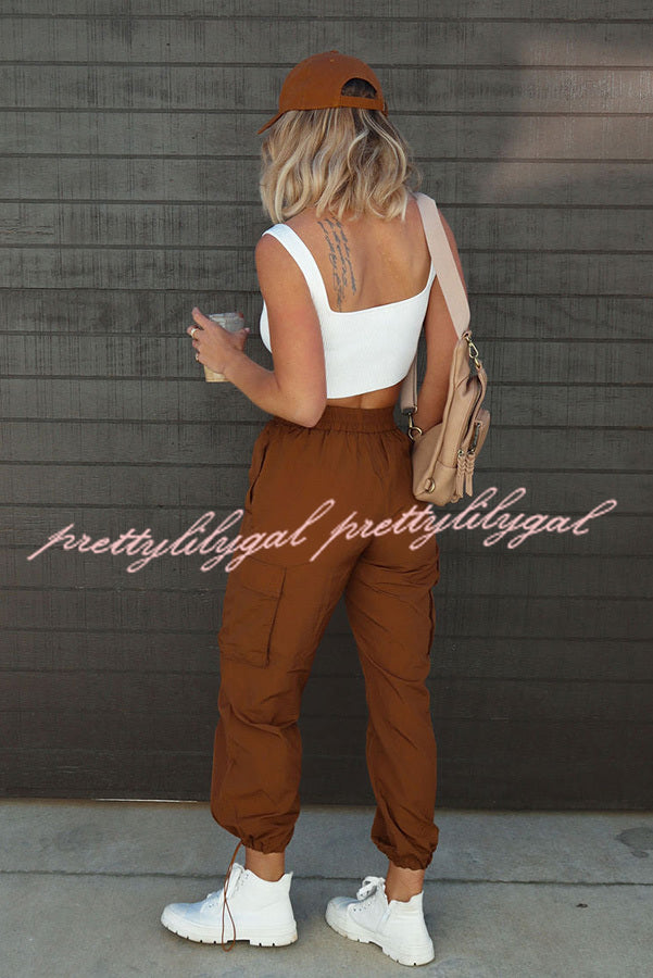 Let's Rewind Nylon Elastic Waist Pocketed Cargo Pants