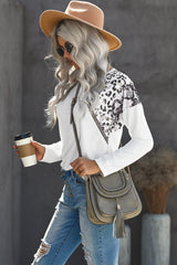 Women's Casual White Long Sleeve Top With Leopard Snakeskin Print