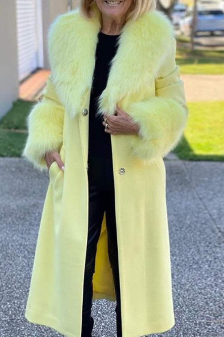Casual Solid Color Mid Length Fur Collar Lapel Coat