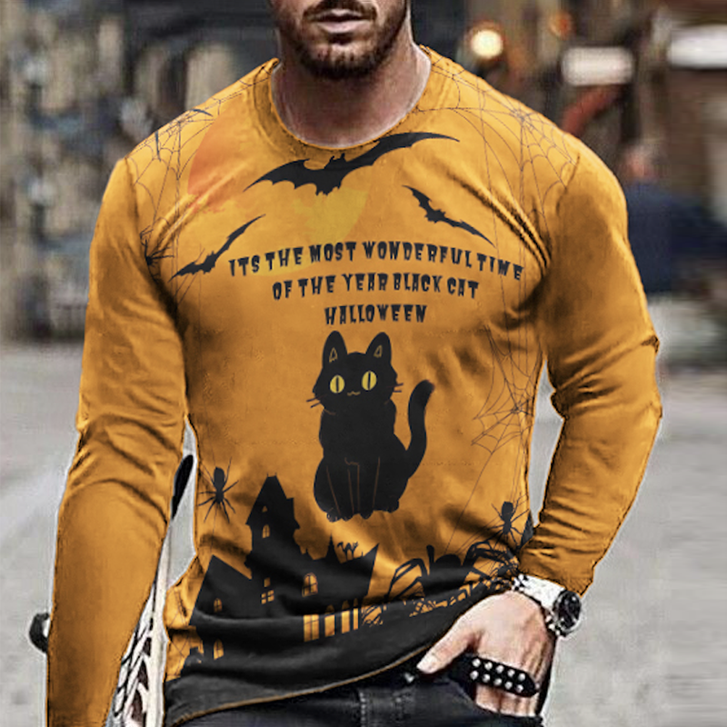 Men's Halloween Cat Print Long Sleeve T-Shirt