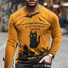Men's Halloween Cat Print Long Sleeve T-Shirt