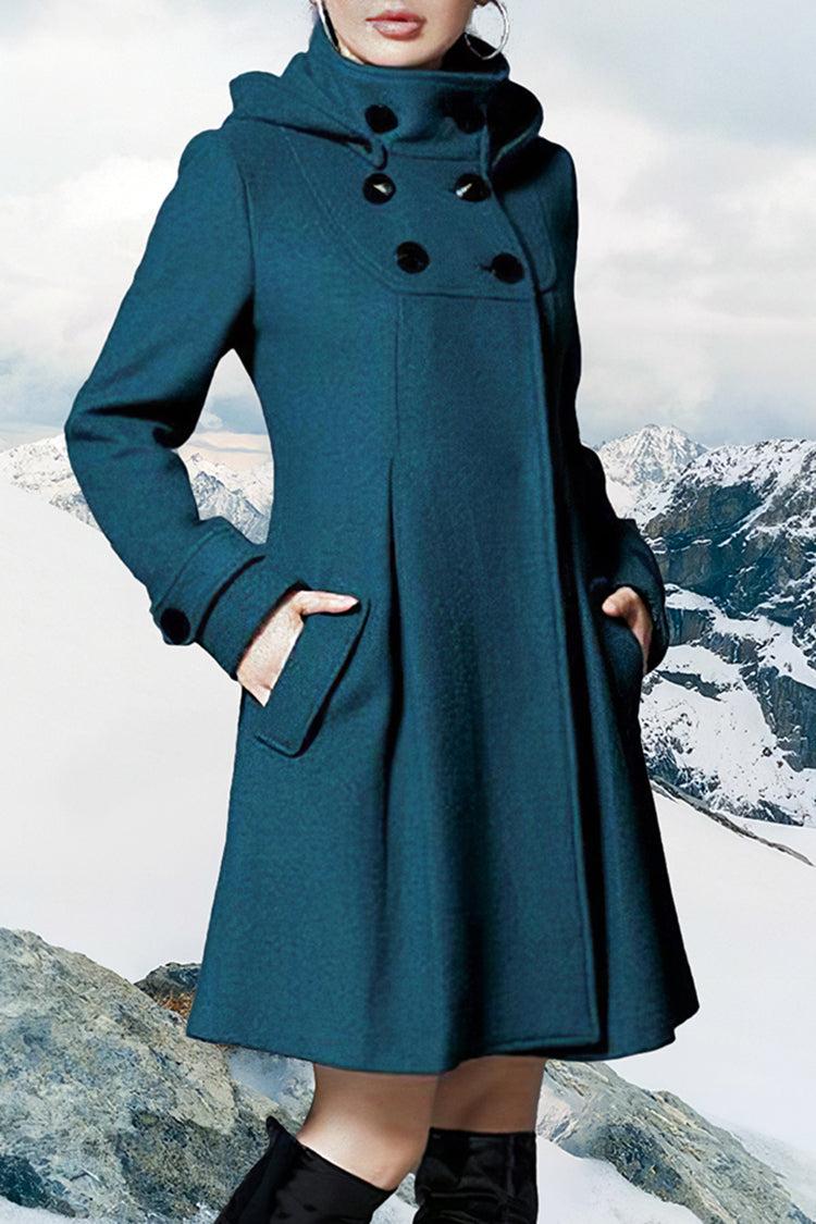Hooded Double-Breasted Mid-Length Wool Coat