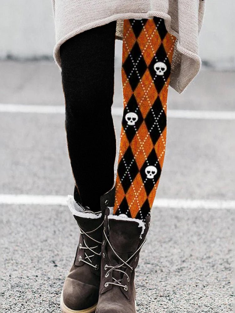 Lovely Skull Diamond Pattern Contrast Leggings