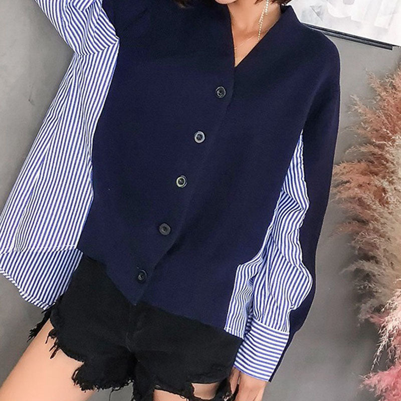 V-neck loose fake two-piece knitted cardigan