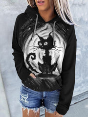 Casual Cat Print Long Sleeve Hoodie