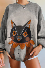 Halloween Cat Print Crew Neck Sweatshirt