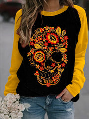 Floral Skull Contrast Color Sweatshirt