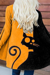 Colorblock Cat Print Long-Sleeve Cardigan