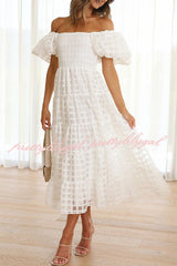 Dare To Dance Square Pattern Fabric Smocked Puff Sleeve Midi Dress