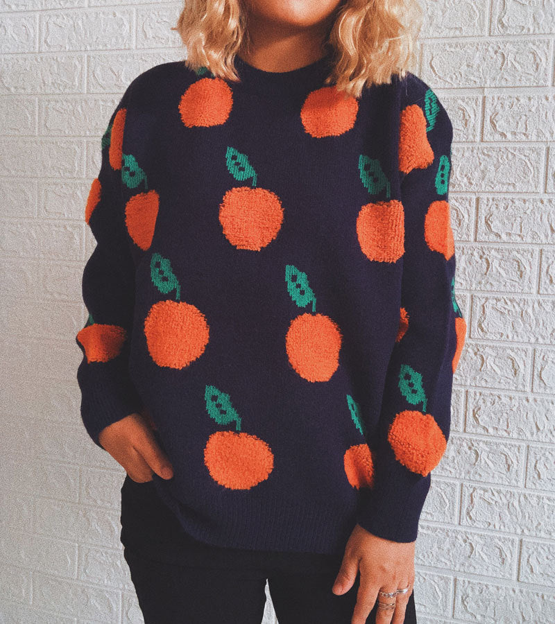 Orange Jacquard Casual Round Neck Sweater
