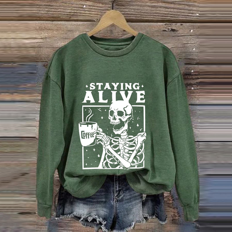 Staying Alive Skeleton Coffee Halloween Print Casual Sweatshirt