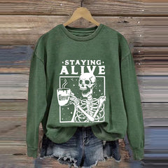Staying Alive Skeleton Coffee Halloween Print Casual Sweatshirt