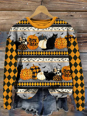 Vintage Halloween Pattern Orange Diamond Check Sleeve Sweatshirt