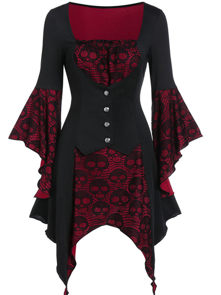 Halloween Gothic Skull Print Lace Stitching Dress