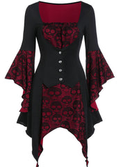 Halloween Gothic Skull Print Lace Stitching Dress