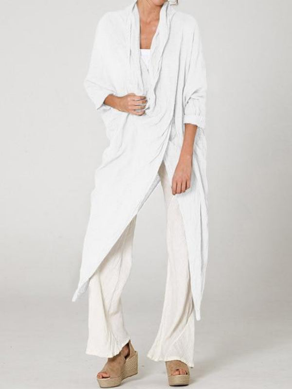 Vintage Linen Blend Long Sleeve Pile Collar Asymmetrical Cardigan