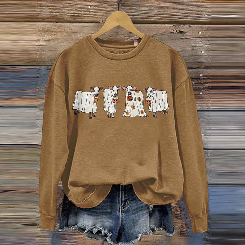 Women's Halloween Cow Ghost Print Casual Long Sleeve Sweatshirt