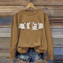 Women's Halloween Cow Ghost Print Casual Long Sleeve Sweatshirt